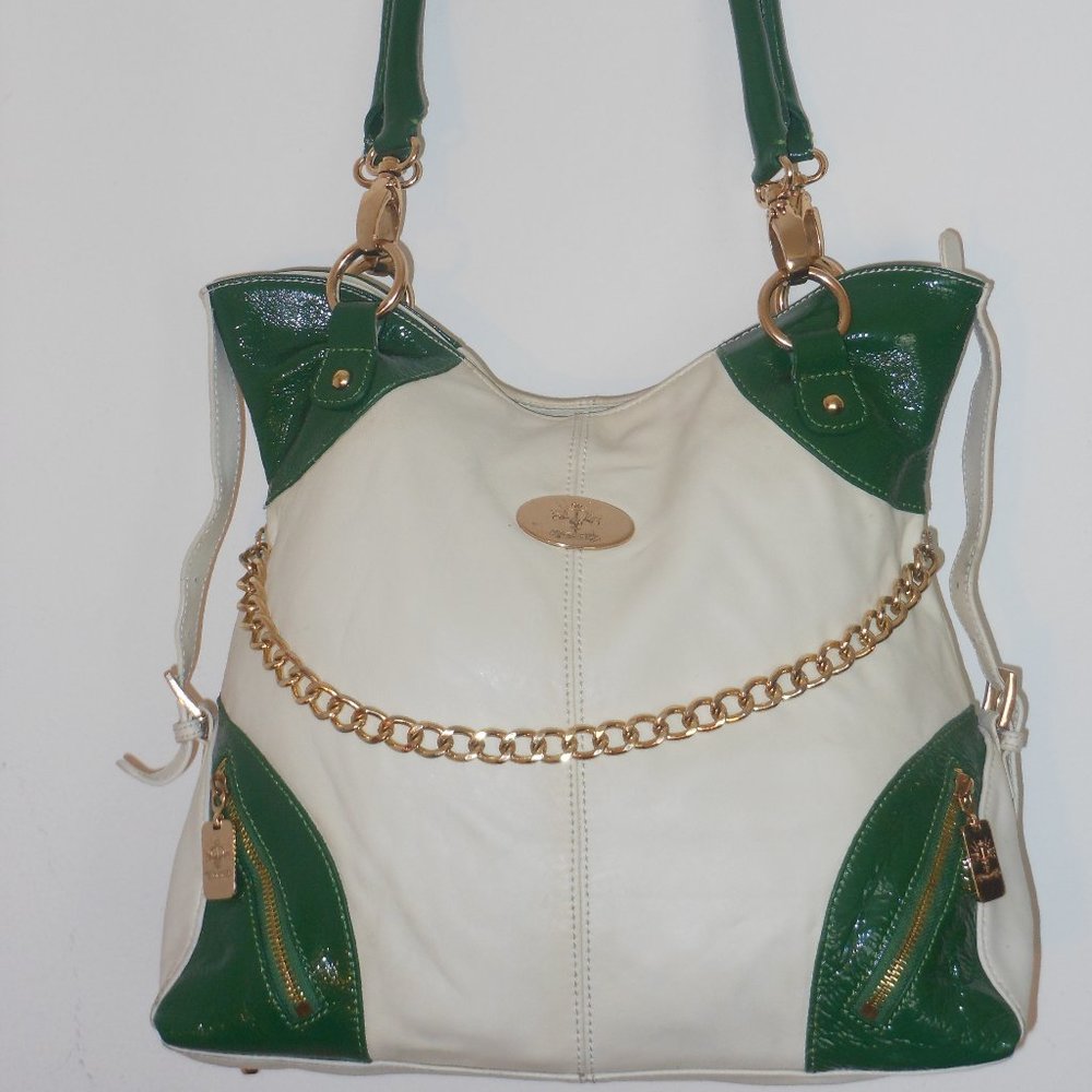CHRISTINE PRICE GREEN AND WHITE SHOULDER BAG